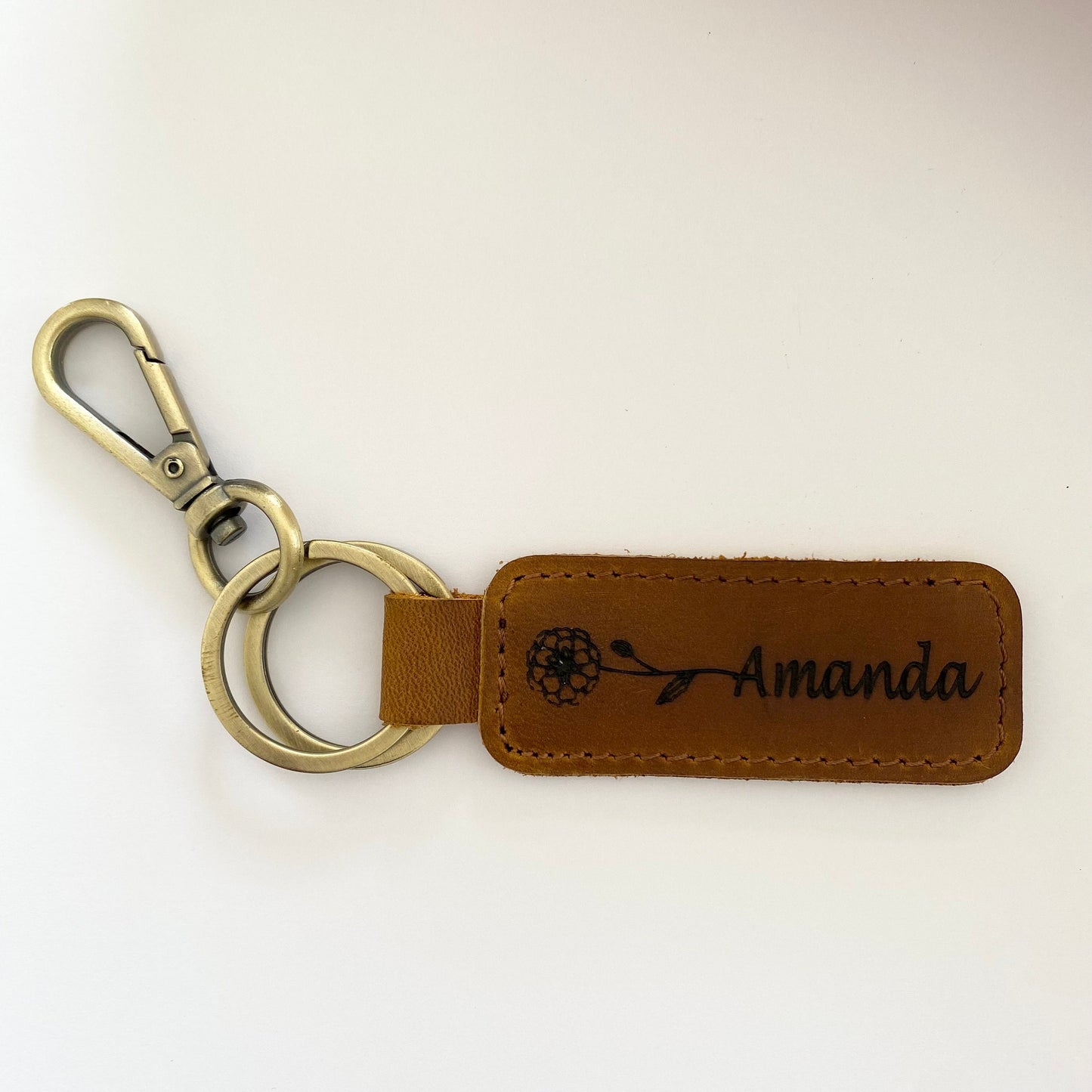 Birth Flower Name Keychain Customized Leather Keychain Genuine Leather KeyChain Engraved Keychain Name Birth Flower Key Tag Gift for her