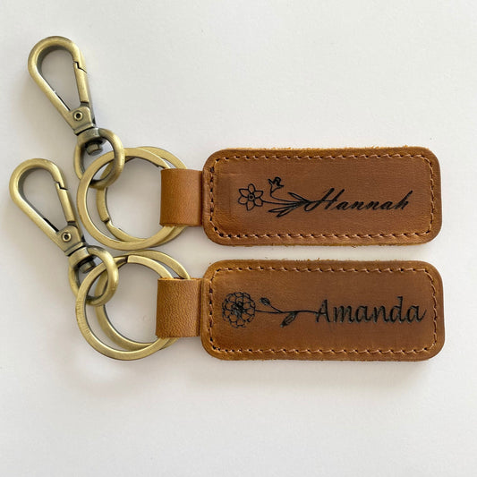 Birth Flower Name Keychain Customized Leather Keychain Genuine Leather KeyChain Engraved Keychain Name Birth Flower Key Tag Gift for her